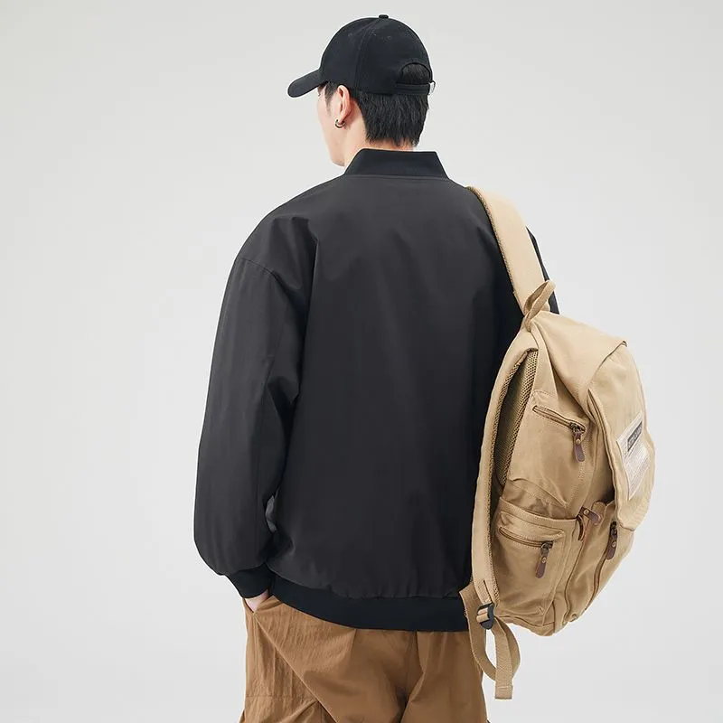 Men's Solid Windproof Bomber Jacket with Elastic Band Cuffs