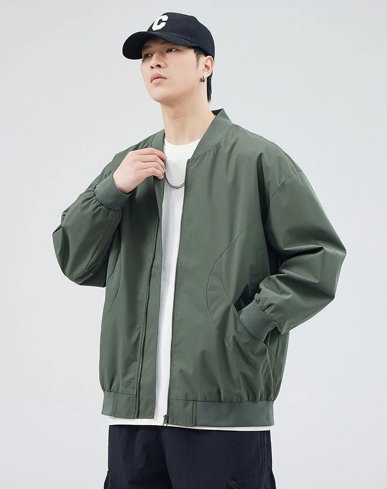 Men's Solid Windproof Bomber Jacket with Elastic Band Cuffs