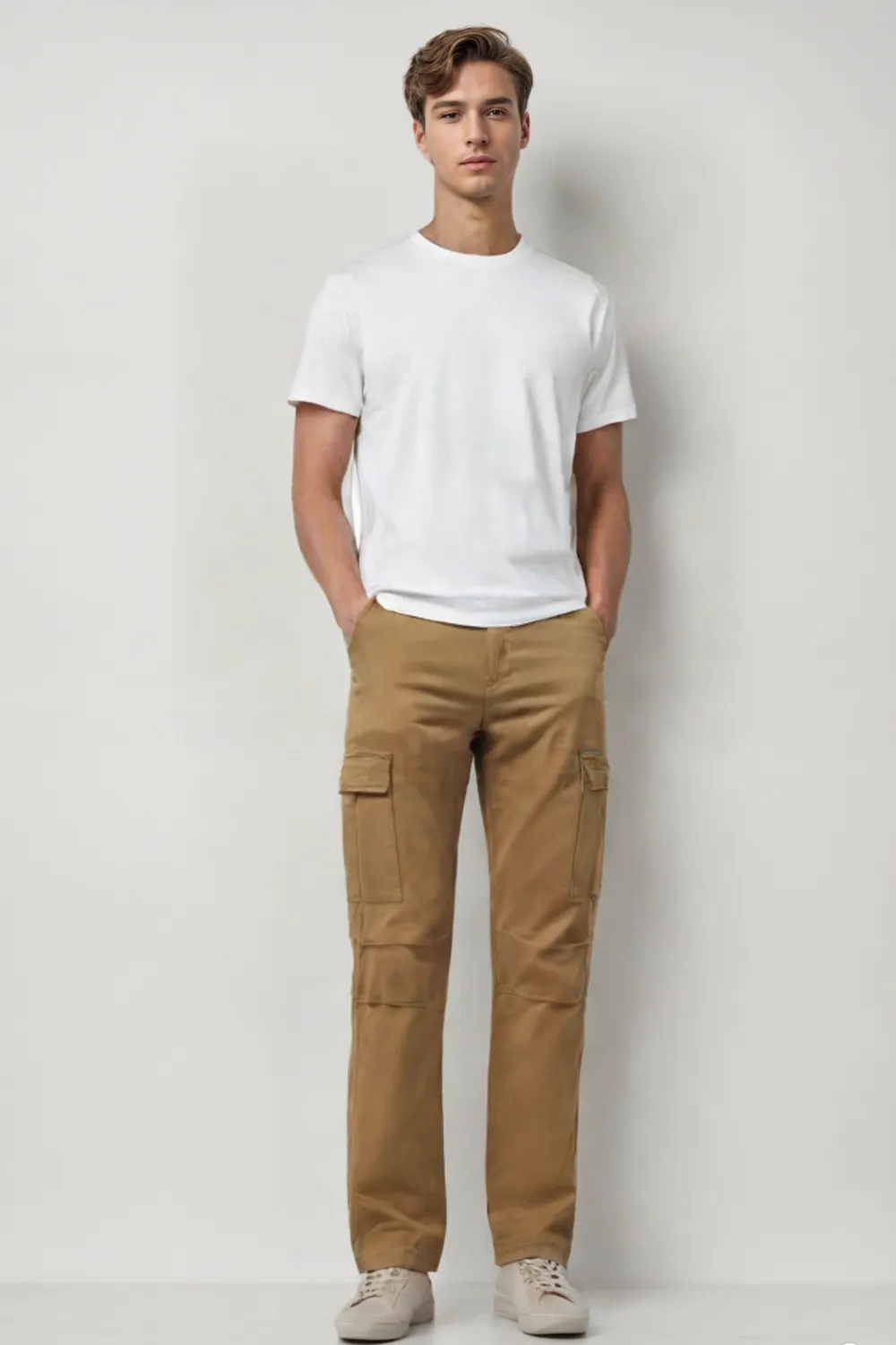MENS STRETCH TWILL CARGO PANTS WITH PEACH EFFECT - KHAKI