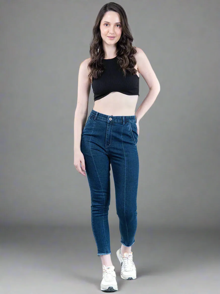 Mid Blue Pleated Skinny Fit Jeans For Women