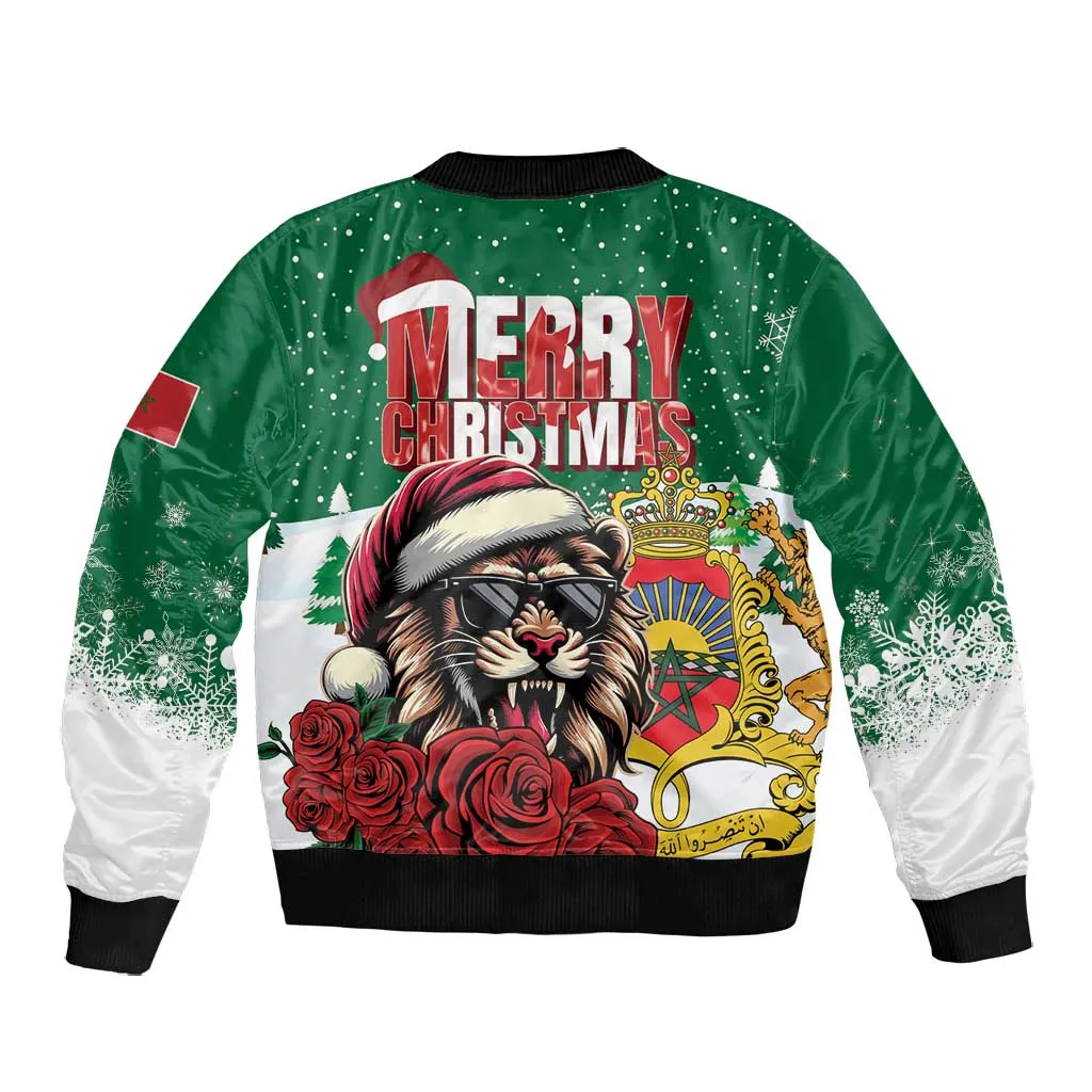 Morocco Christmas Bomber Jacket Santa Lion With Rose Xmas Vibe LT01