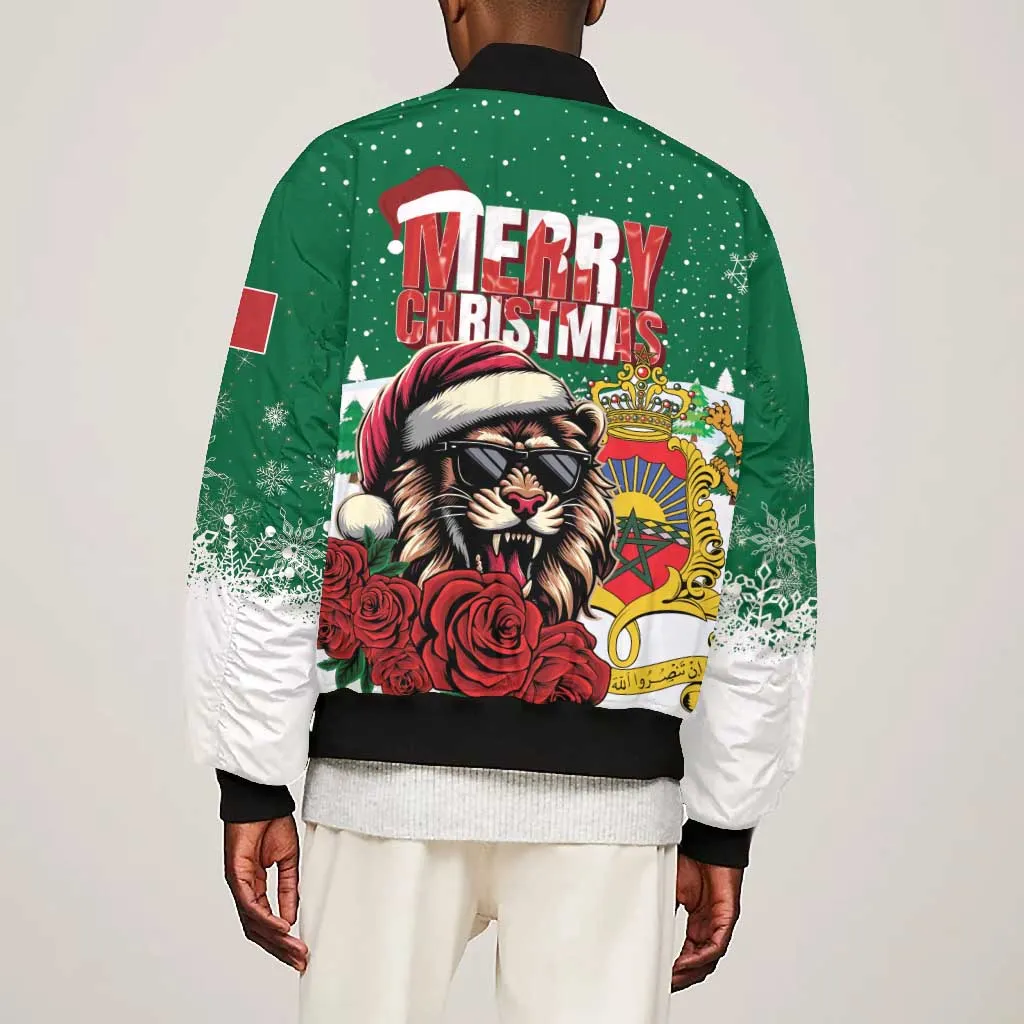 Morocco Christmas Bomber Jacket Santa Lion With Rose Xmas Vibe LT01