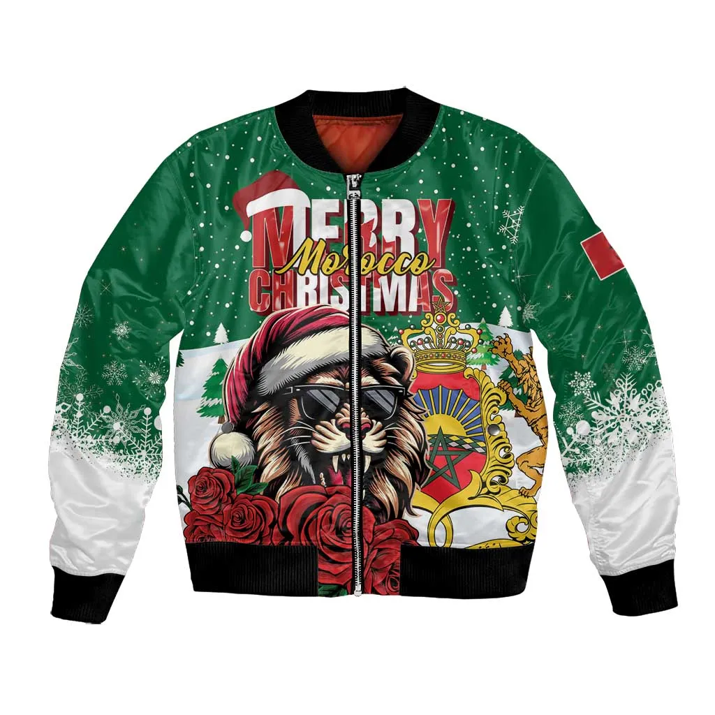 Morocco Christmas Bomber Jacket Santa Lion With Rose Xmas Vibe LT01