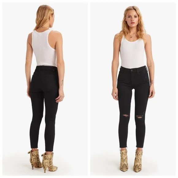 MOTHER The Looker Ankle Fray Mid Rise Distressed Jeans Guilty As Sin Black
