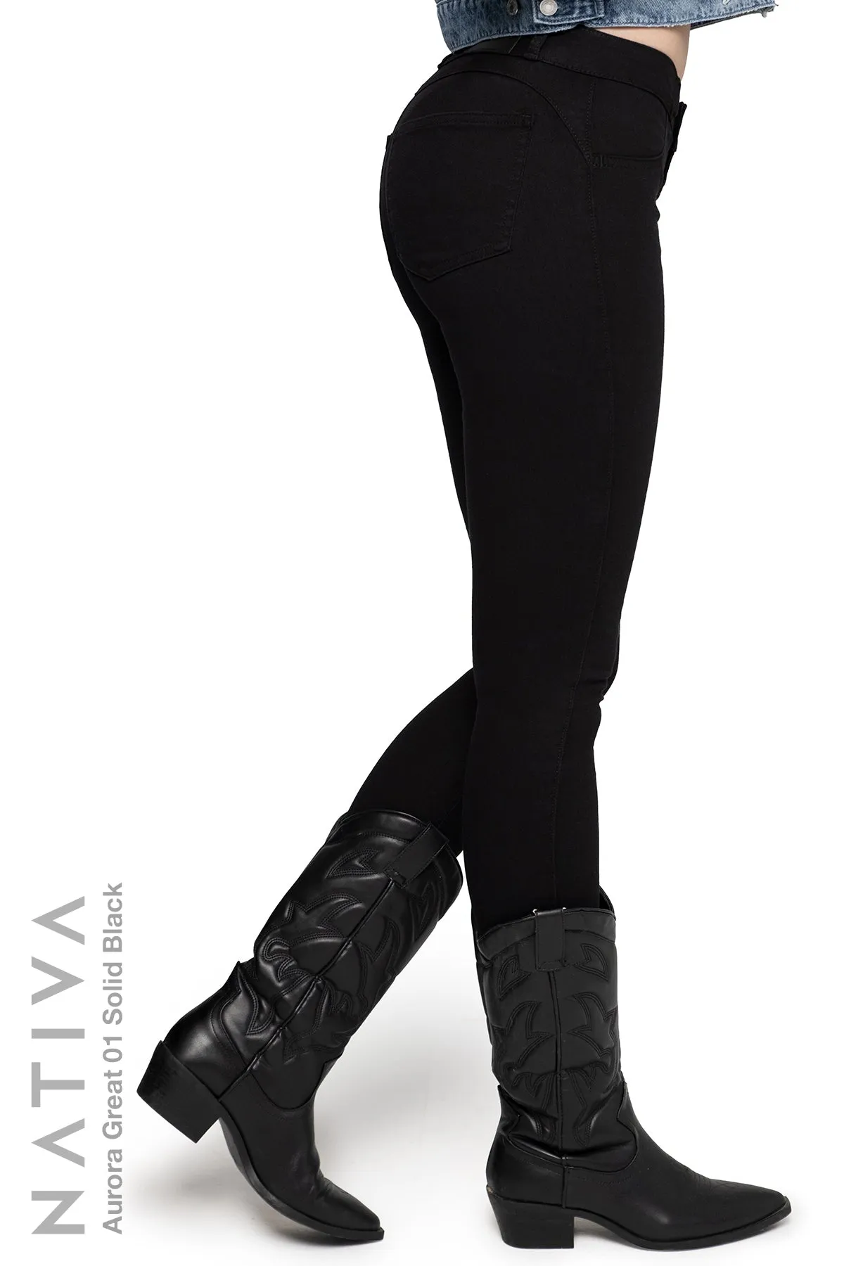 NATIVA, STRETCH JEANS. AURORA GREAT 01 BLACK, High Shaping Capacity, All-Season Wear, Mid-Waisted Super Skinny Jeans