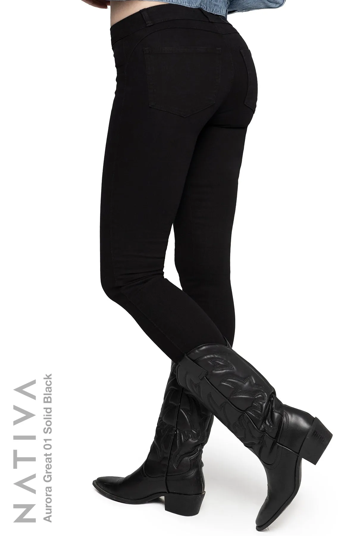 NATIVA, STRETCH JEANS. AURORA GREAT 01 BLACK, High Shaping Capacity, All-Season Wear, Mid-Waisted Super Skinny Jeans