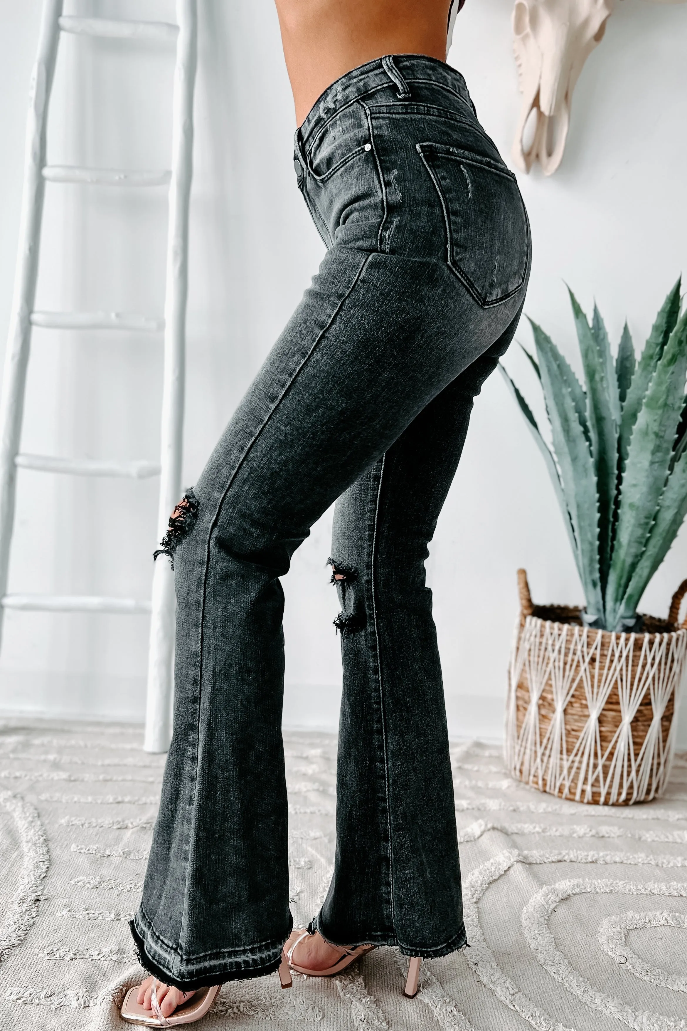 Nessa High Rise Distressed Risen Flare Jeans (Black)