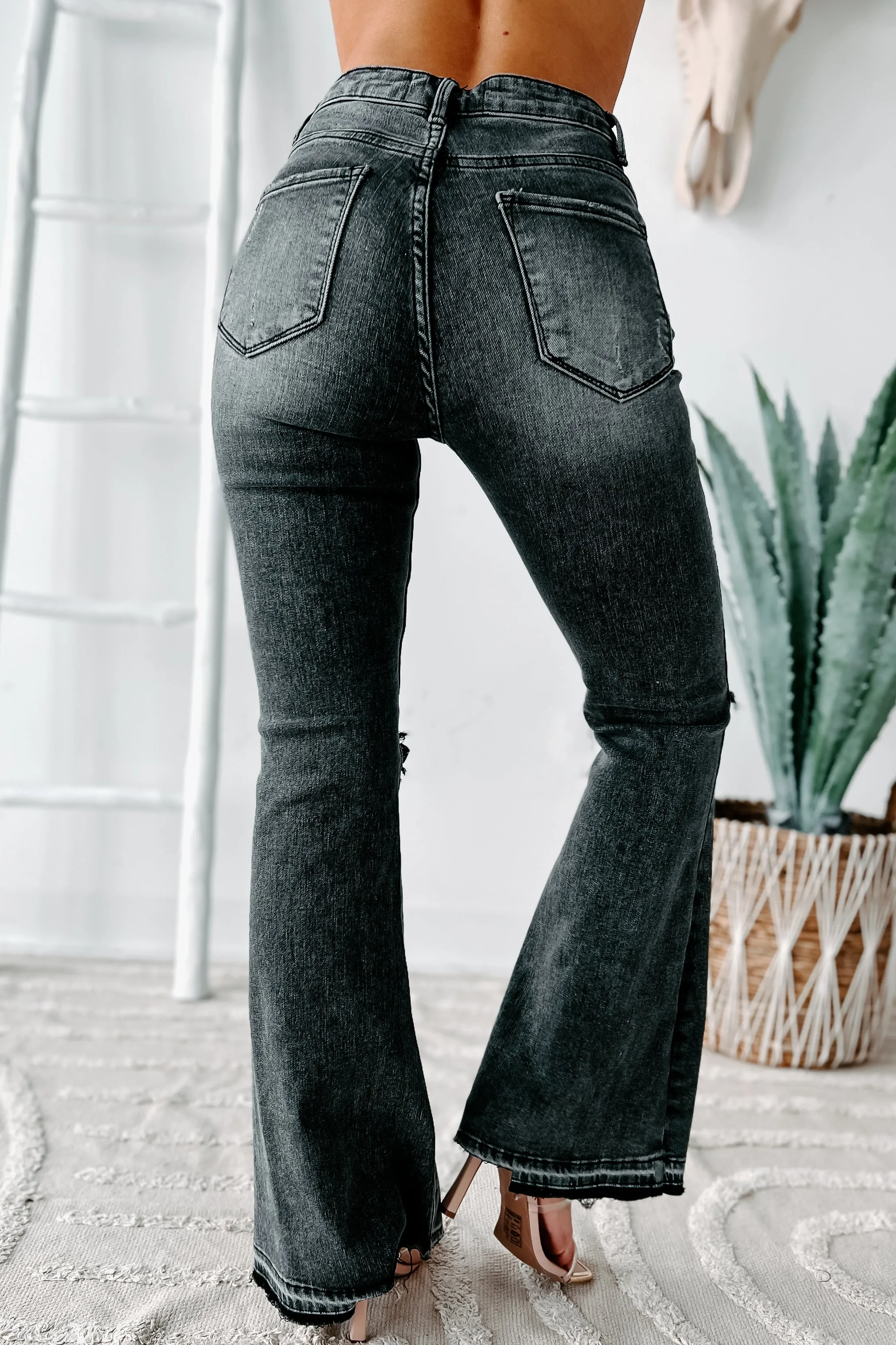 Nessa High Rise Distressed Risen Flare Jeans (Black)