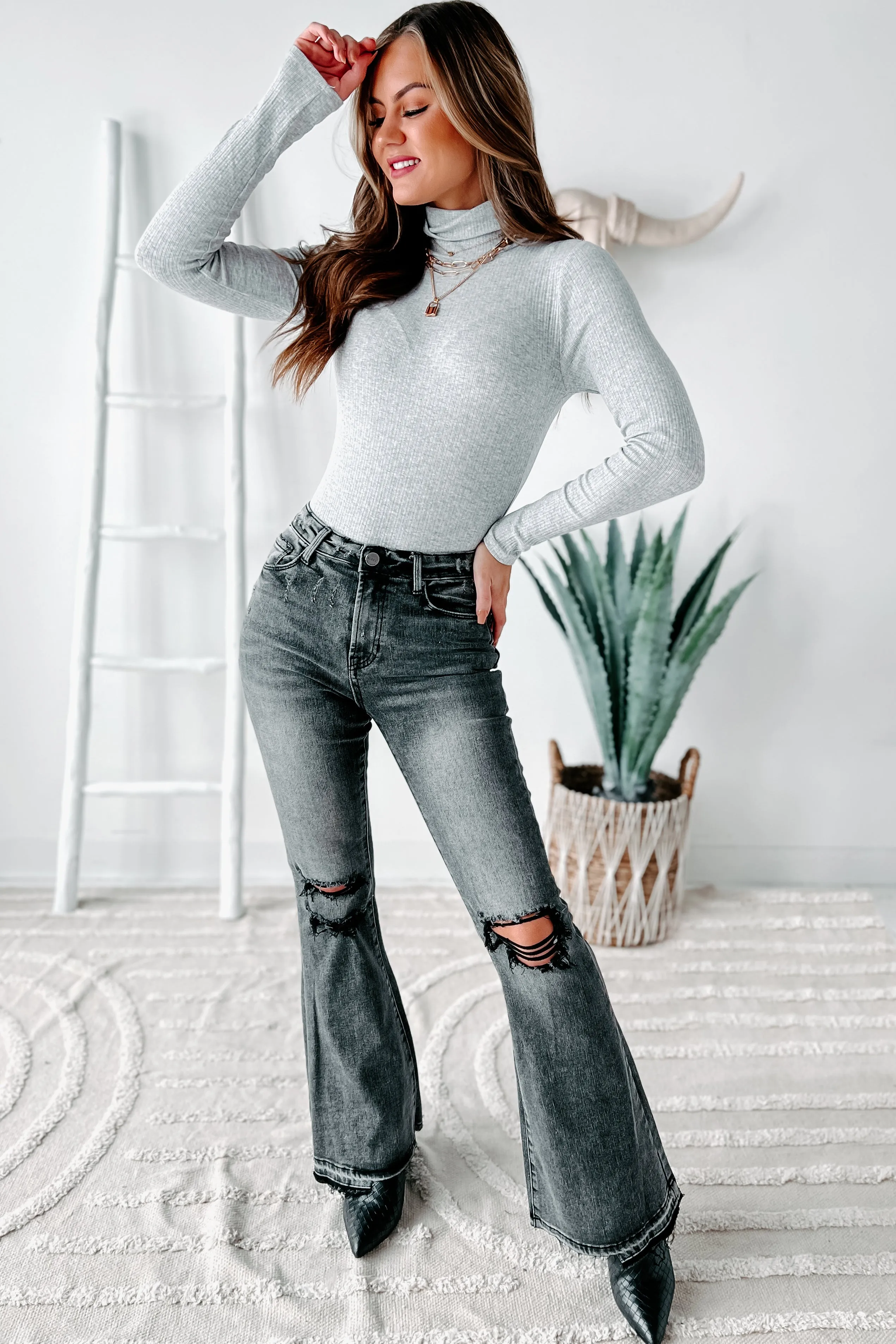 Nessa High Rise Distressed Risen Flare Jeans (Black)