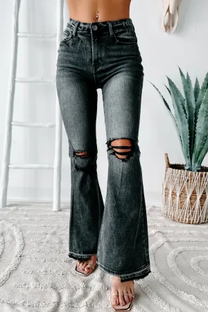 Nessa High Rise Distressed Risen Flare Jeans (Black)