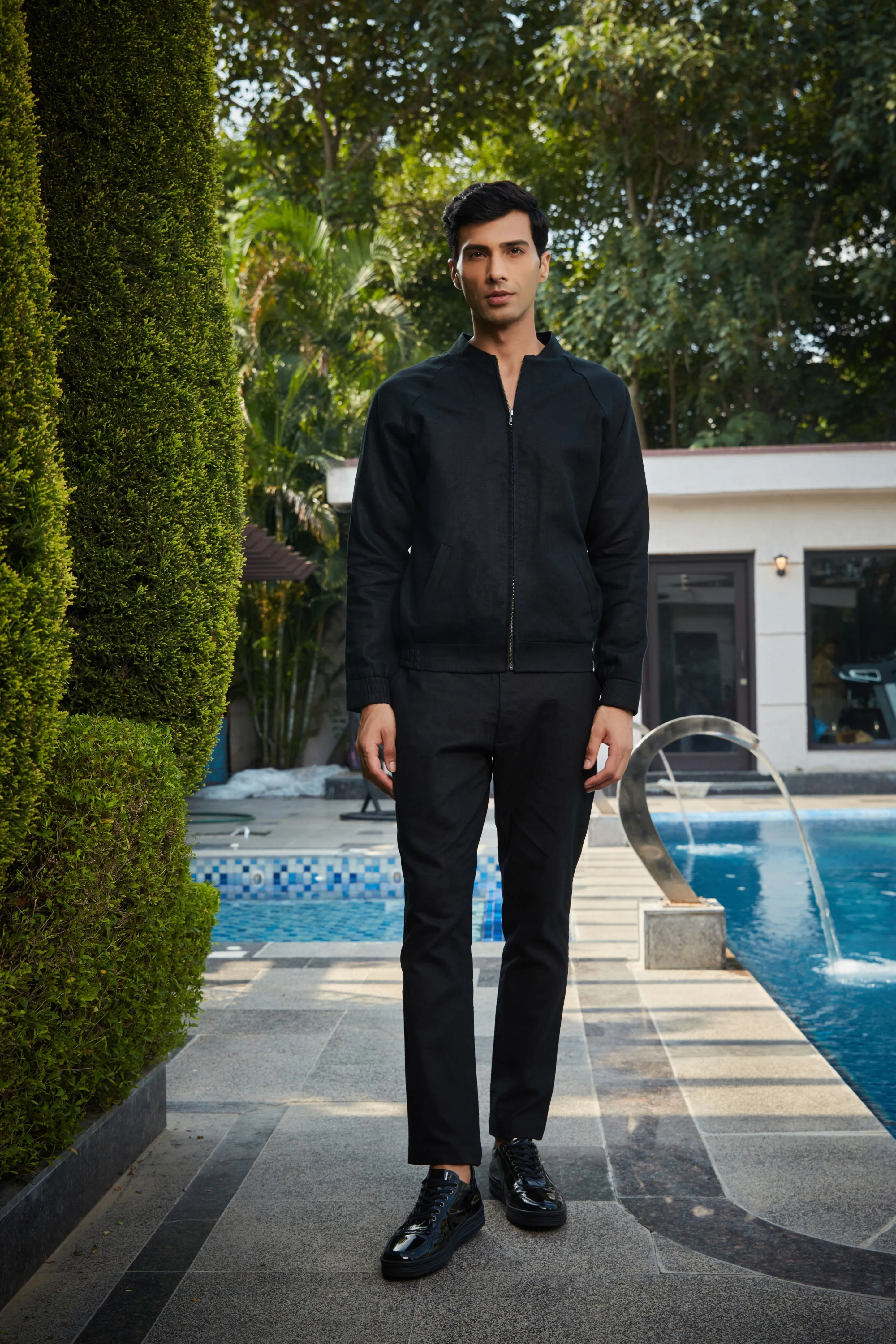 Nevil- Black Linen Bomber Jacket Set