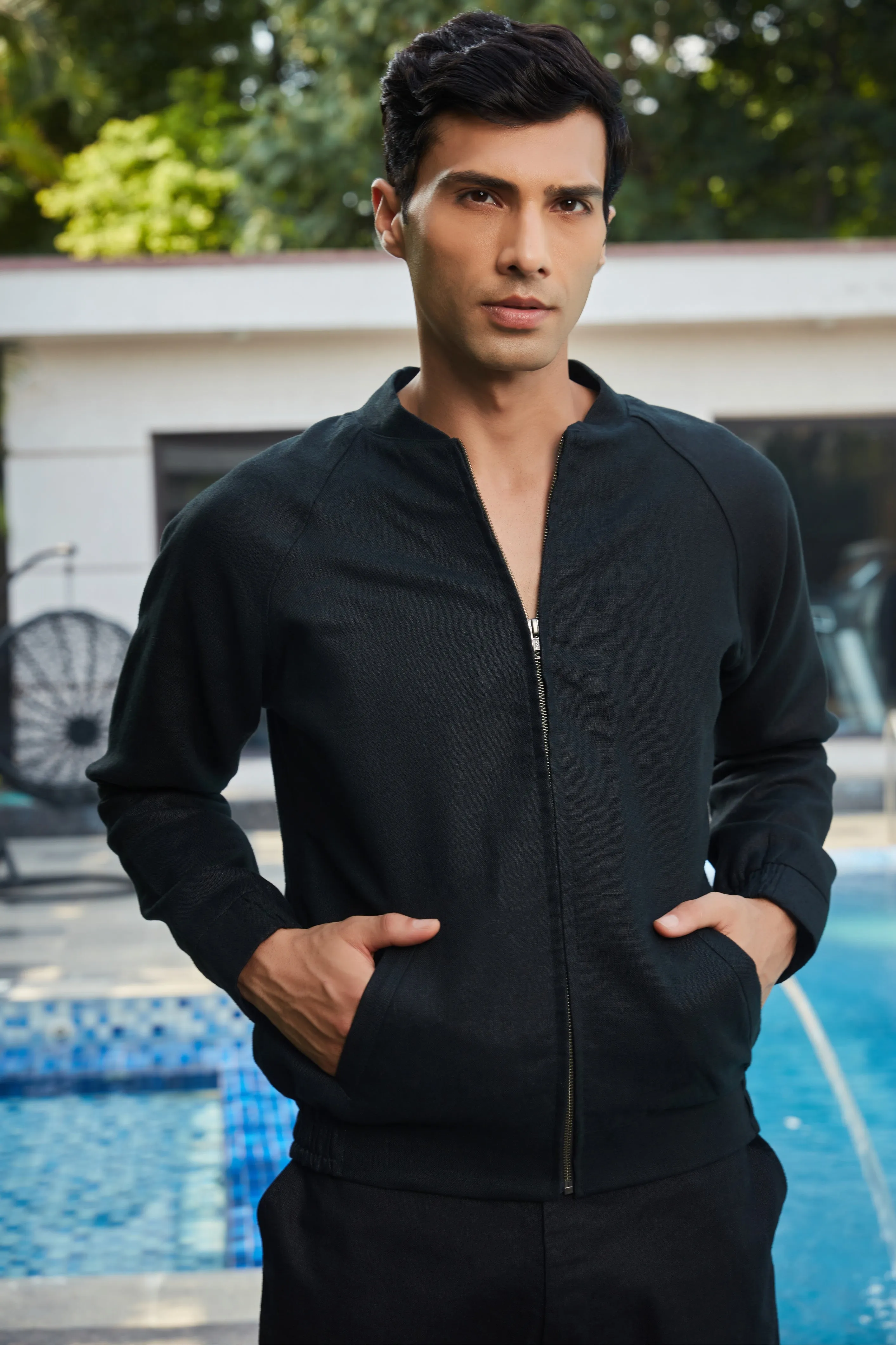Nevil- Black Linen Bomber Jacket Set