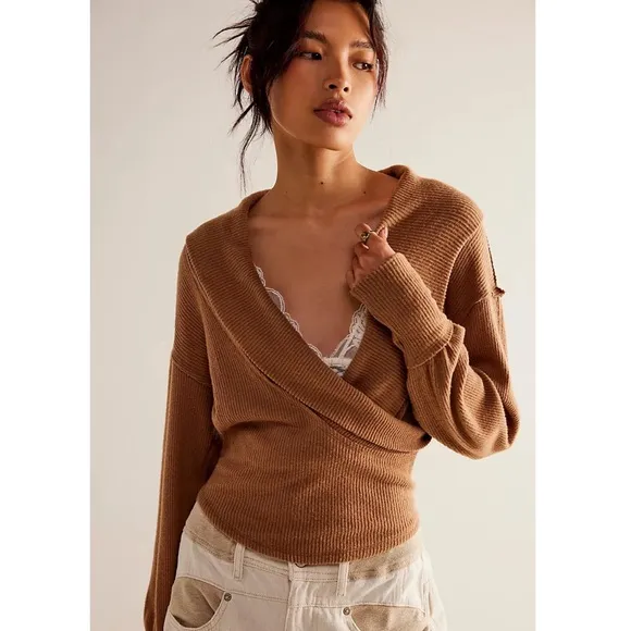New Free People Hold Me Close Surplice Sweater Top in Tobacco Size Medium