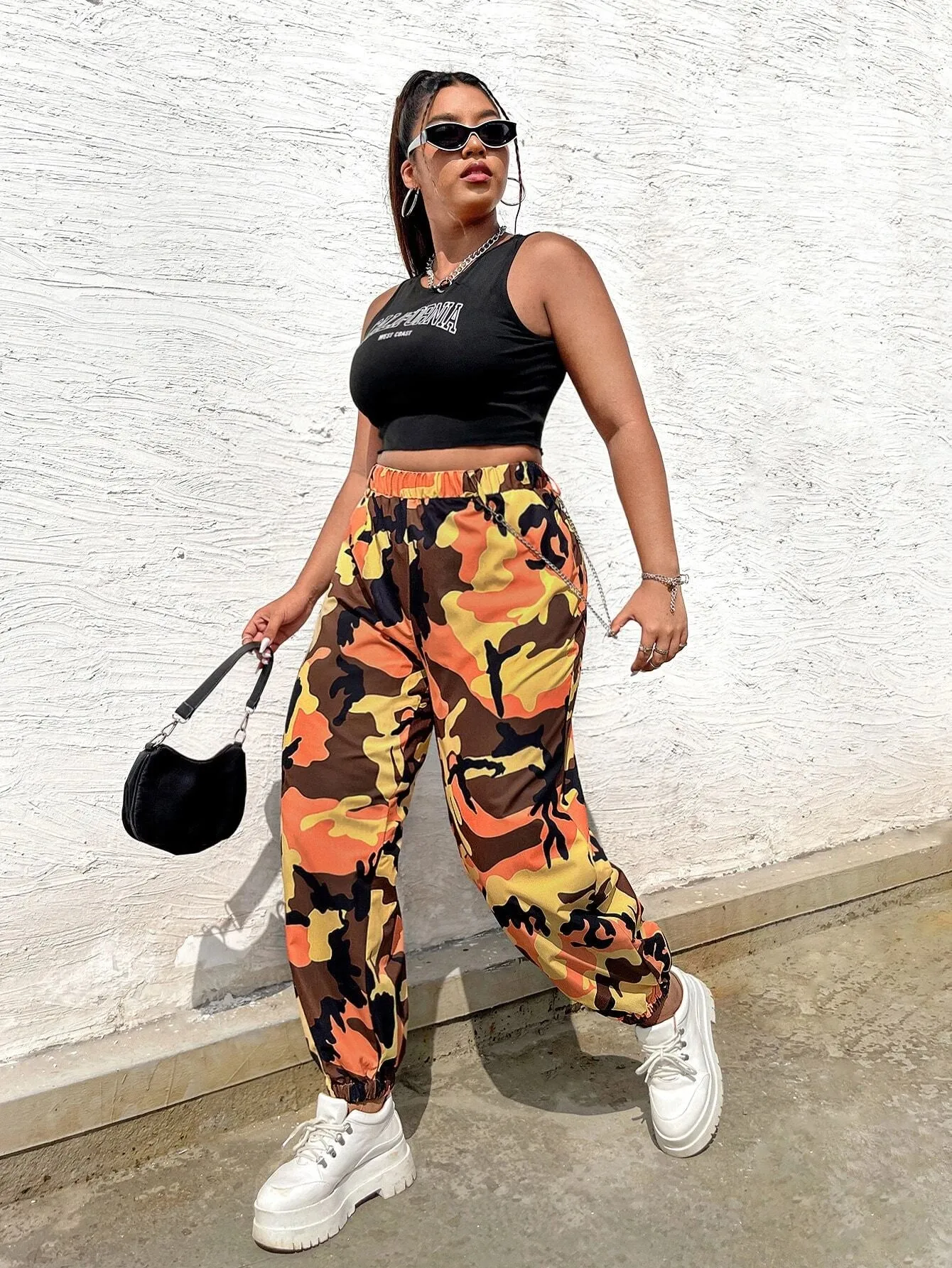 New Shein Plus Camo Print Elastic Waist Pants With Chain! Sz 1X