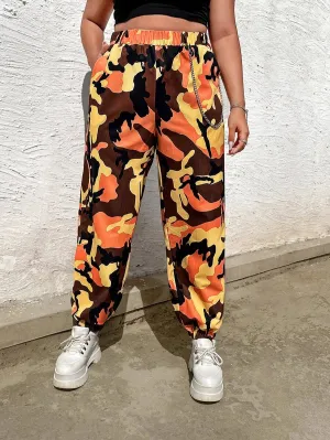 New Shein Plus Camo Print Elastic Waist Pants With Chain! Sz 1X