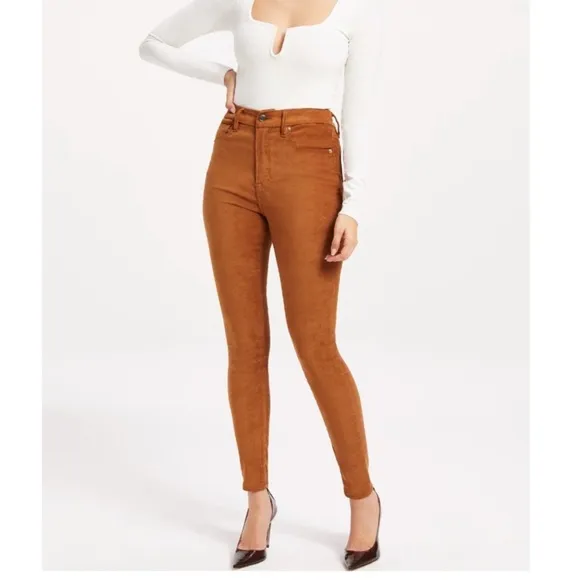 NWT Good American Good Waist Faux Suede Jeans 2 Tobacco Brown Skinny Legging