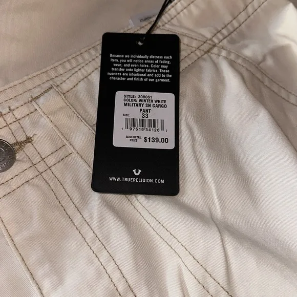 NWT TRUE RELIGION Winter WHITE Big T Stitch MILITARY CARGO Flap POCKET