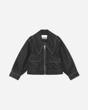 Nylon Wide Collar Bomber Jacket - Black