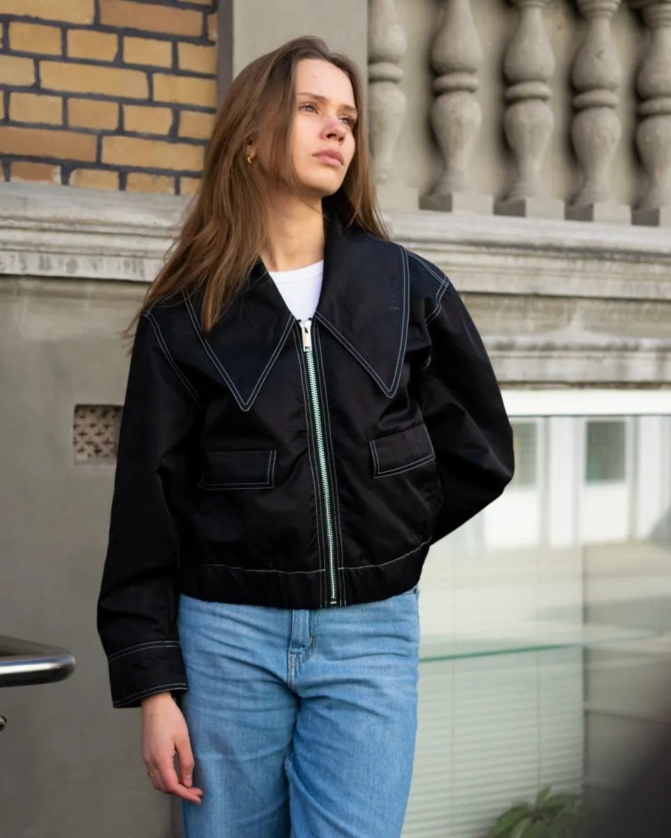 Nylon Wide Collar Bomber Jacket - Black