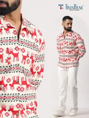 Off White Christmas Theme Full Sleeves Flannel Printed Shirt