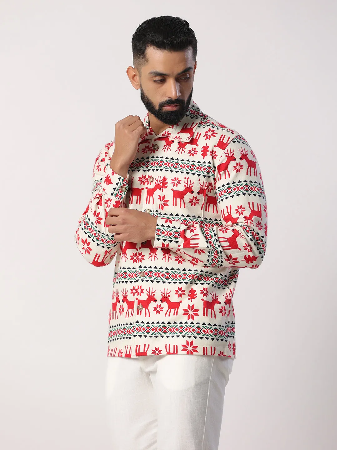 Off White Christmas Theme Full Sleeves Flannel Printed Shirt
