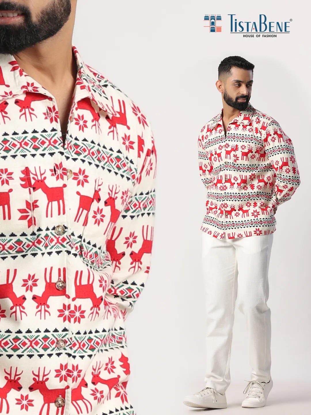 Off White Christmas Theme Full Sleeves Flannel Printed Shirt