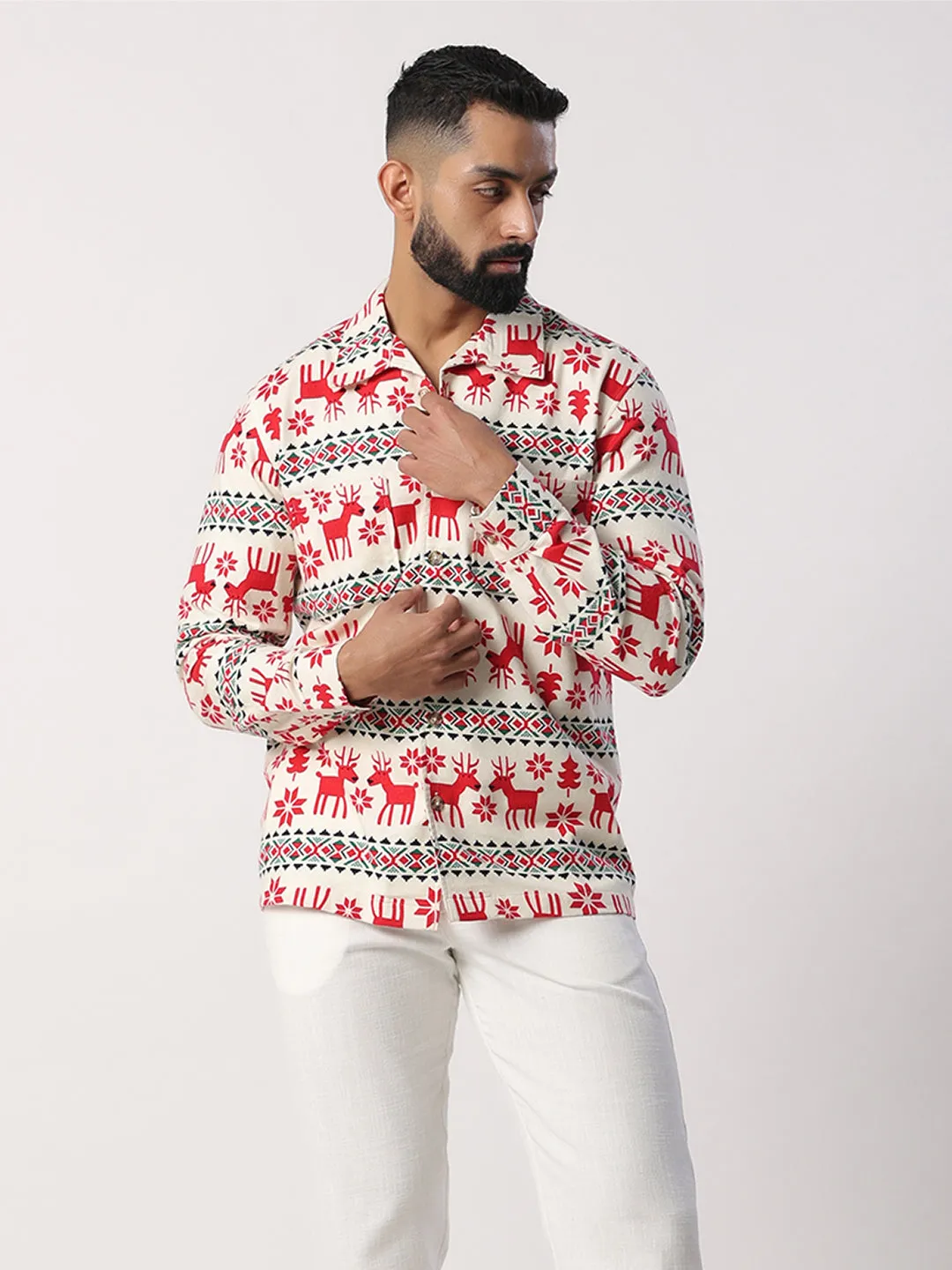 Off White Christmas Theme Full Sleeves Flannel Printed Shirt