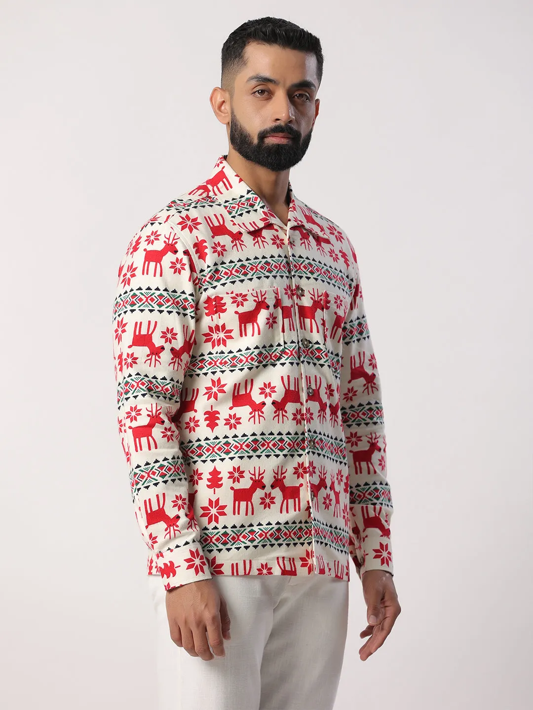 Off White Christmas Theme Full Sleeves Flannel Printed Shirt