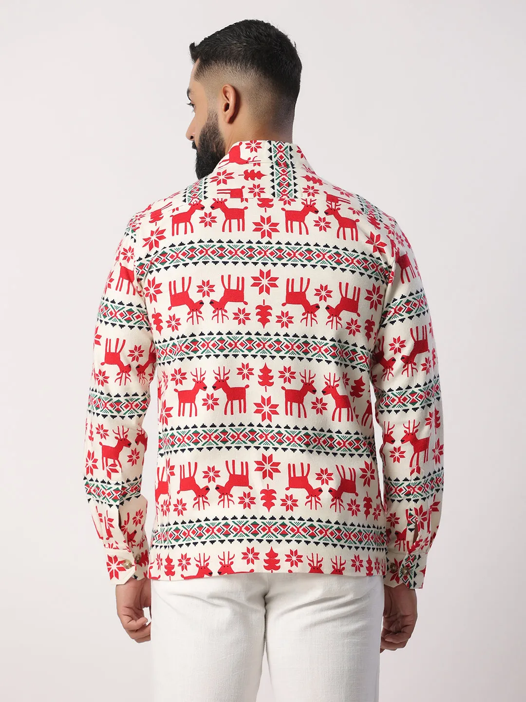 Off White Christmas Theme Full Sleeves Flannel Printed Shirt