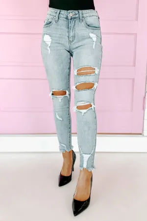 Open Minded Mid-Rise Distressed Skinny Kancan Jeans (Light)