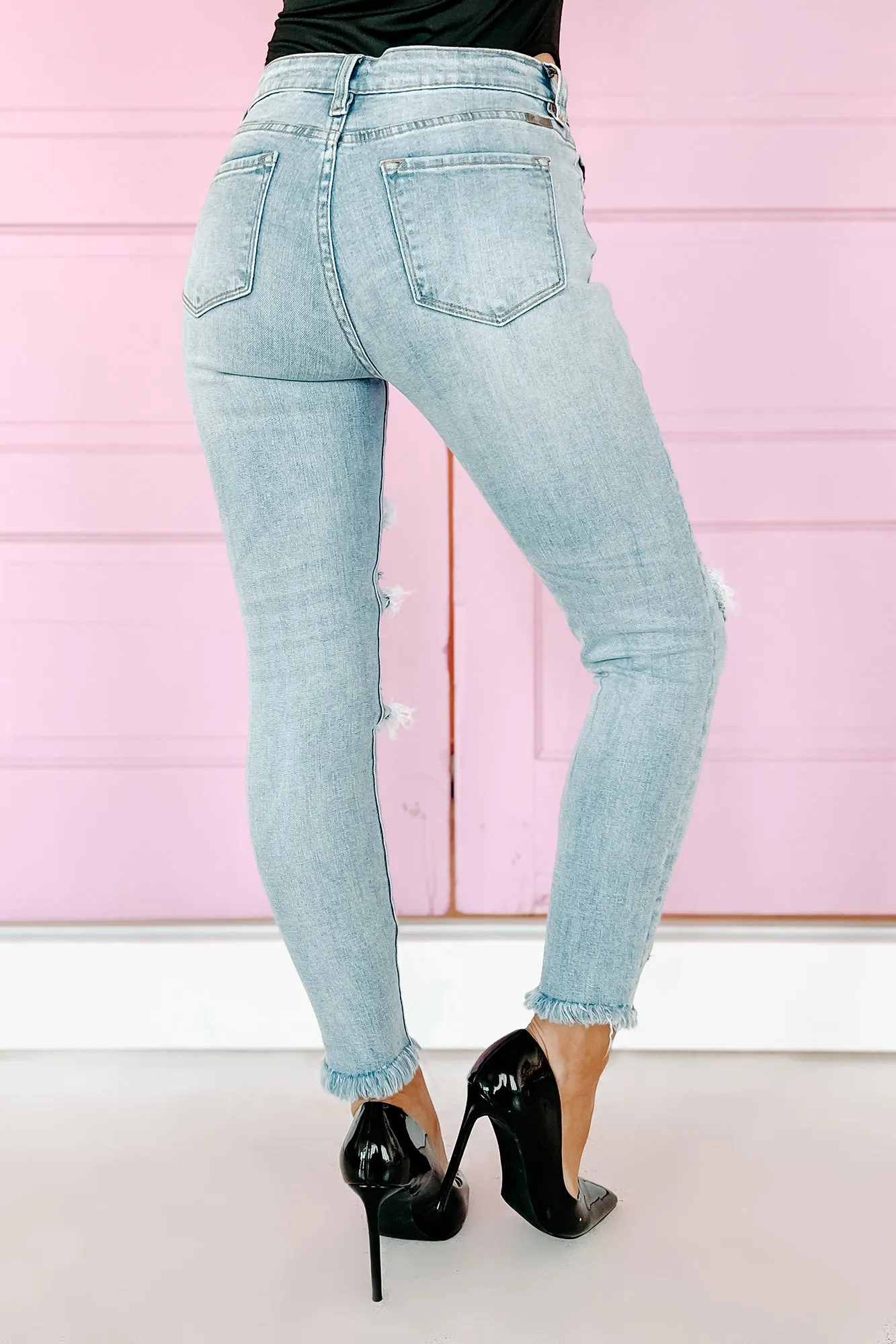 Open Minded Mid-Rise Distressed Skinny Kancan Jeans (Light)