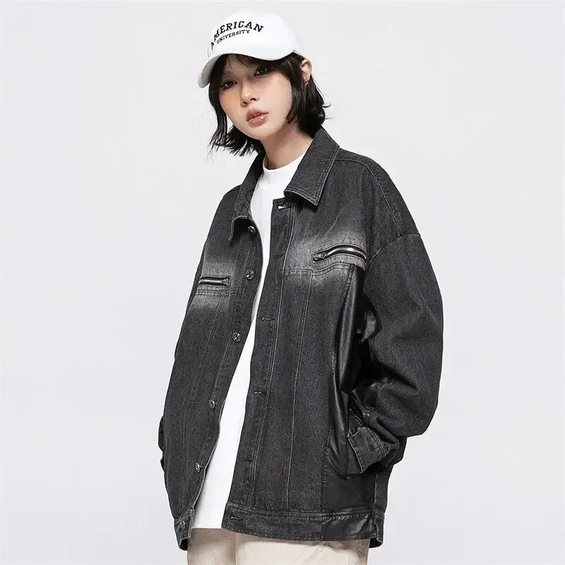 Original Y2K Denim Jacket with Lapel Collar in Eye-Washed Design