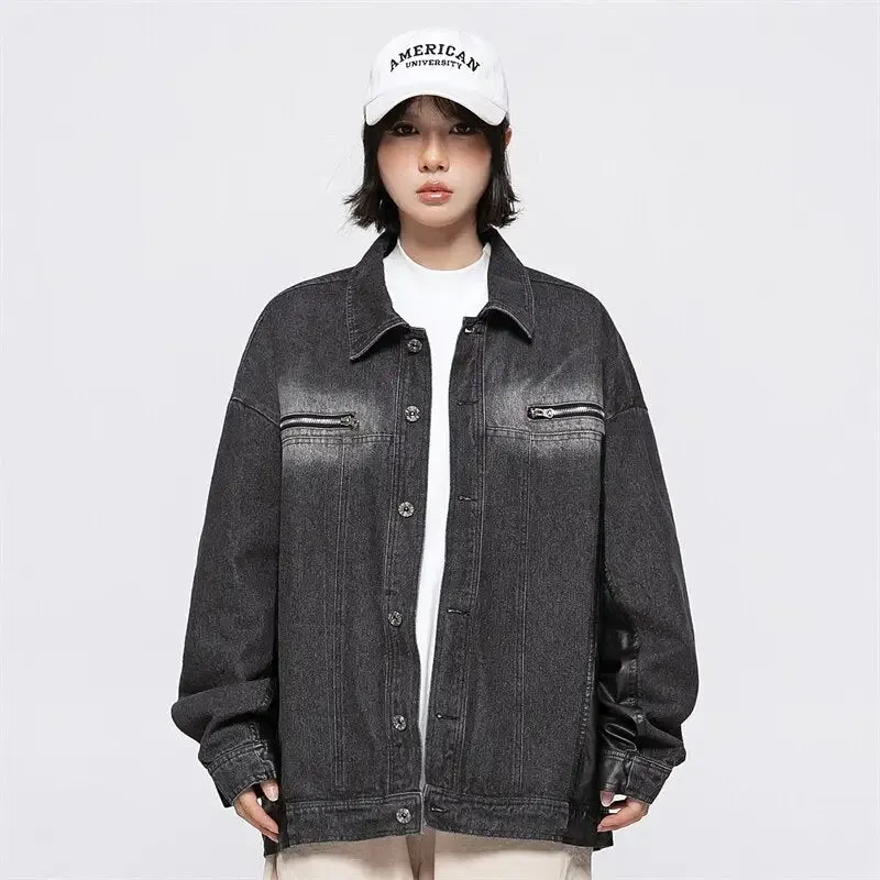 Original Y2K Denim Jacket with Lapel Collar in Eye-Washed Design