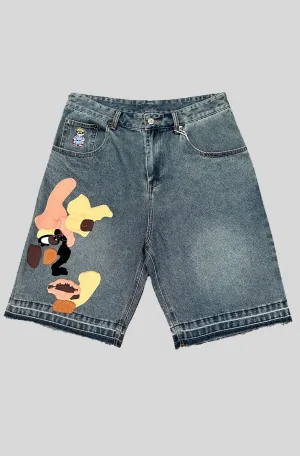 PATCHWORK FACE BAGGY DENIM SHORTS