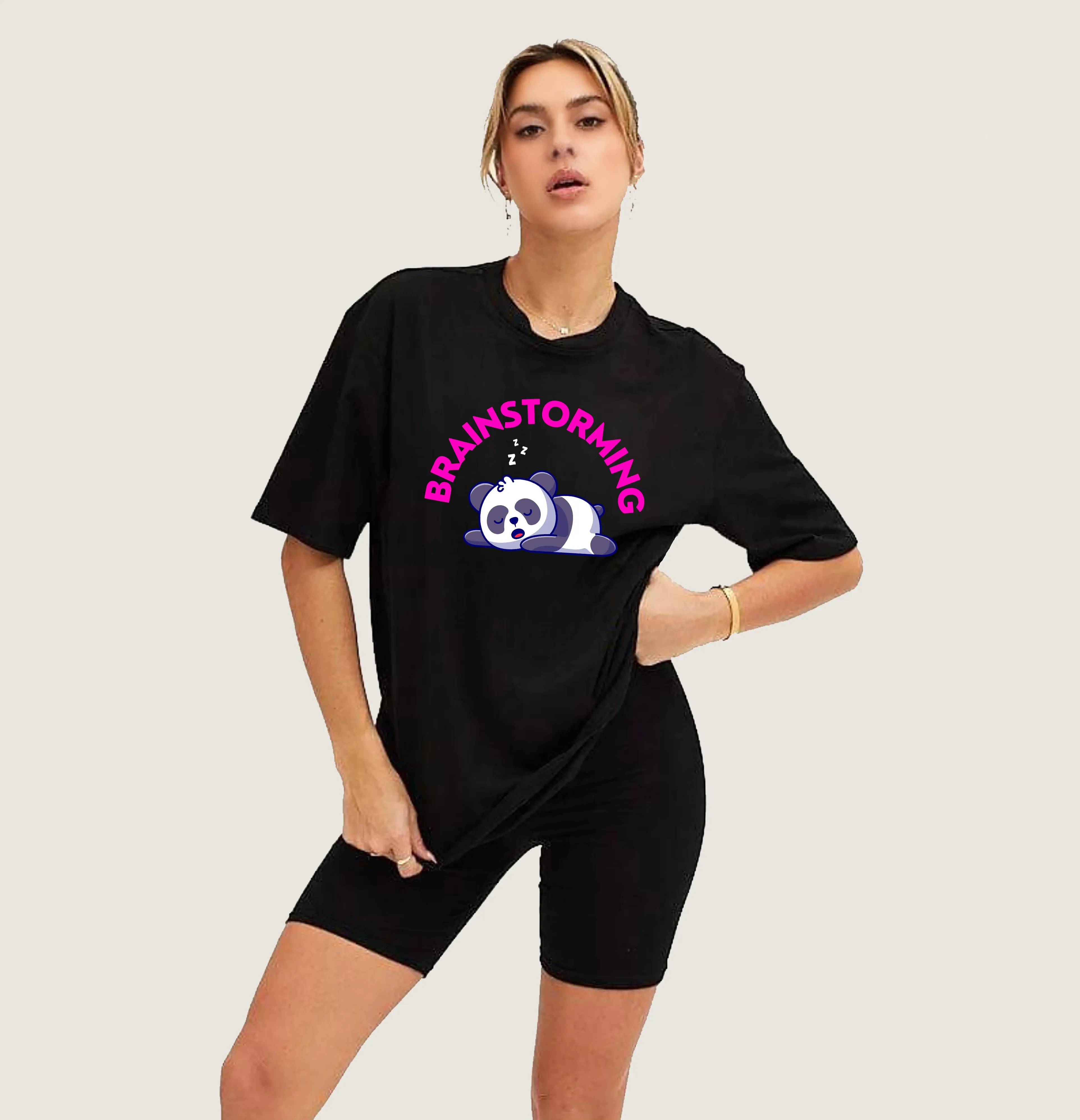 Peach Blossom Women's Printed Over-sized  Tshirt | Cotton Half Sleeve Black Color T-Shirt |  Brain Stoming