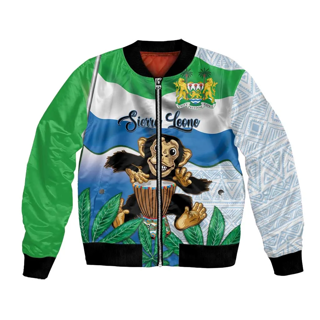 Personalised Afro Sierra Leone Bomber Jacket Chimp With Drum - Happy Independence Day LT14