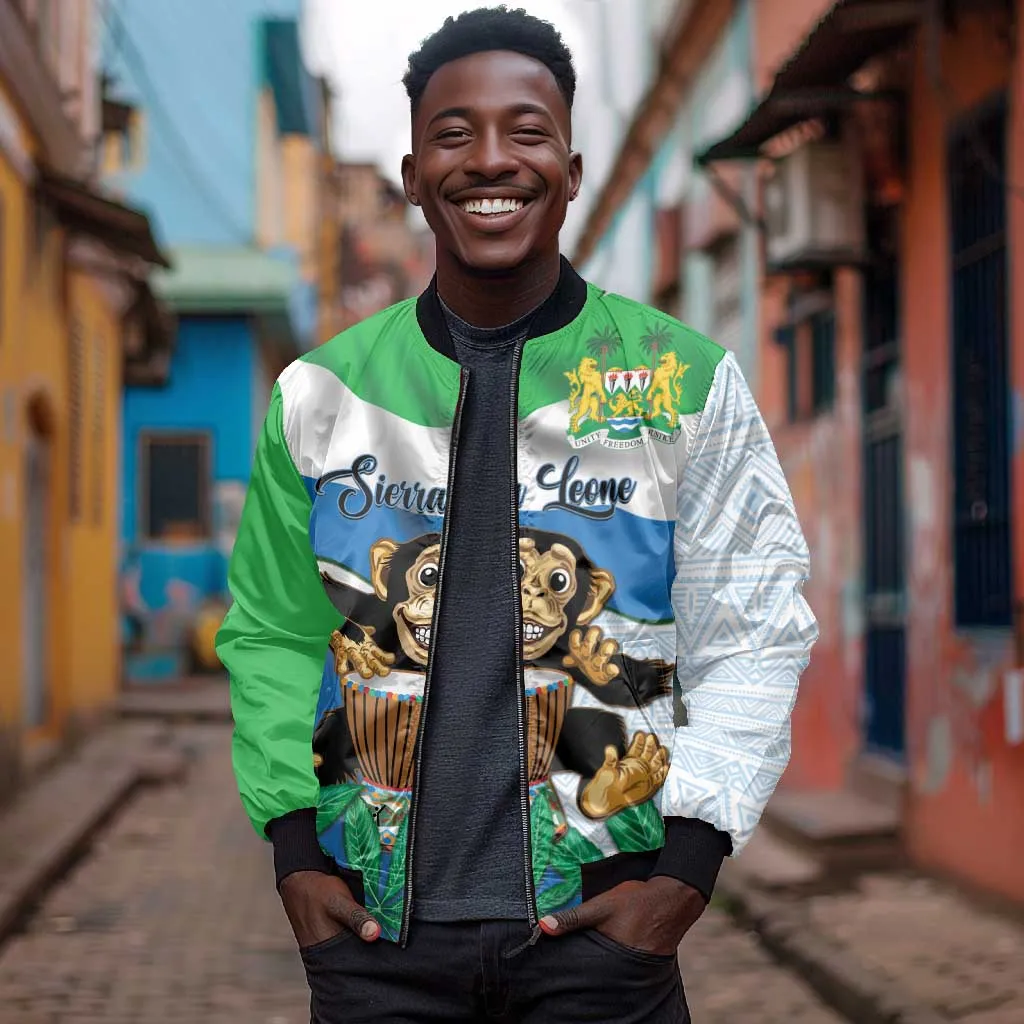 Personalised Afro Sierra Leone Bomber Jacket Chimp With Drum - Happy Independence Day LT14