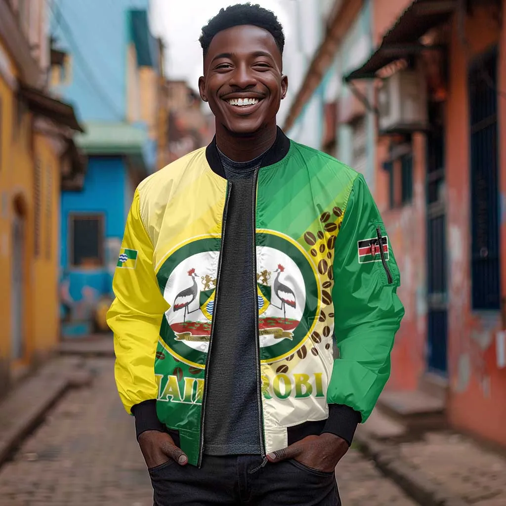 Personalised Nairobi Kenya Sleeve Zip Bomber Jacket Coat Of Arms With Coffee LT15