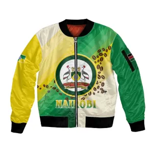 Personalised Nairobi Kenya Sleeve Zip Bomber Jacket Coat Of Arms With Coffee LT15