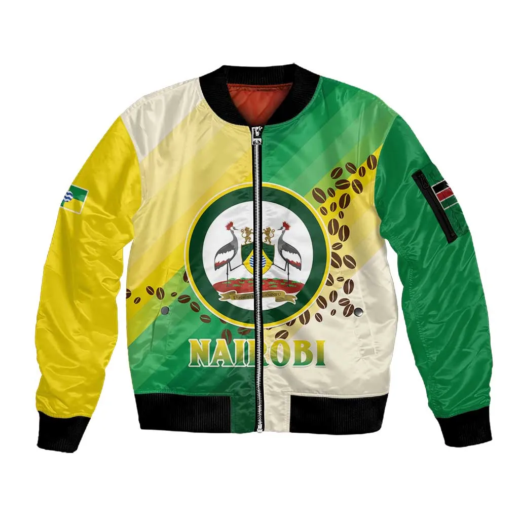 Personalised Nairobi Kenya Sleeve Zip Bomber Jacket Coat Of Arms With Coffee LT15