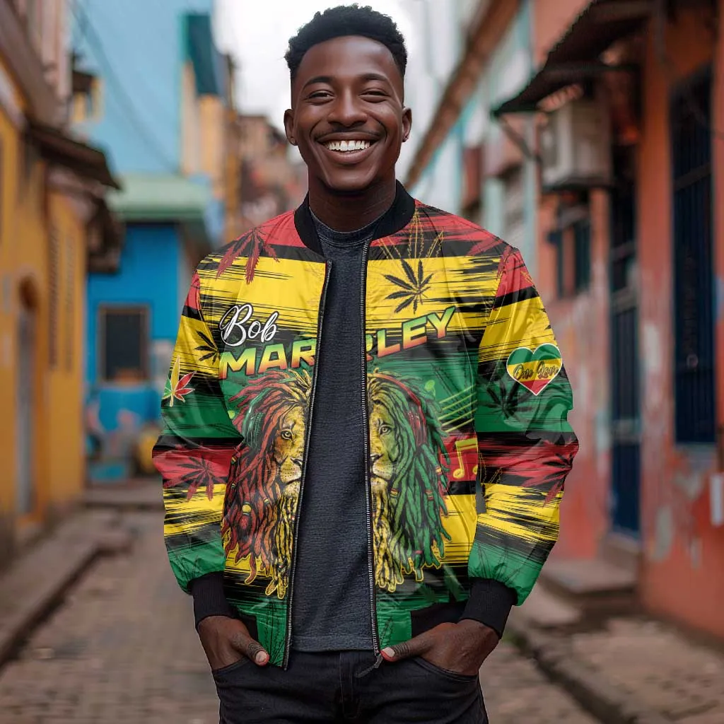 Personalised Rastafarian Lion Bomber Jacket Cannabis Leaf Pattern LT15