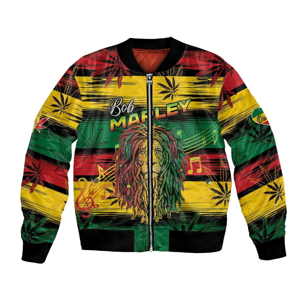 Personalised Rastafarian Lion Bomber Jacket Cannabis Leaf Pattern LT15
