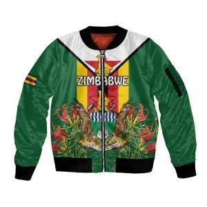Personalised Zimbabwe Independence Day Sleeve Zip Bomber Jacket Coat Of Arms Fire Lilies LT15