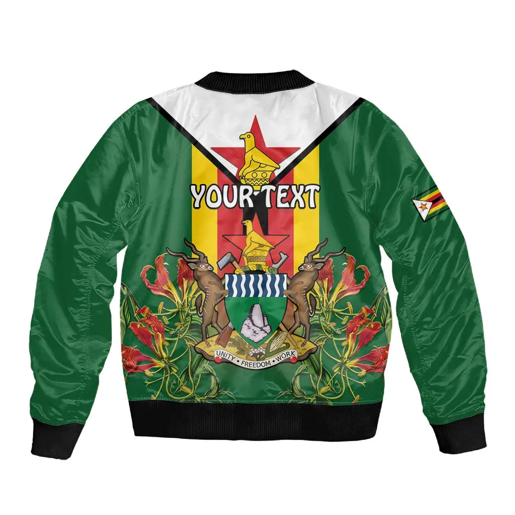 Personalised Zimbabwe Independence Day Sleeve Zip Bomber Jacket Coat Of Arms Fire Lilies LT15