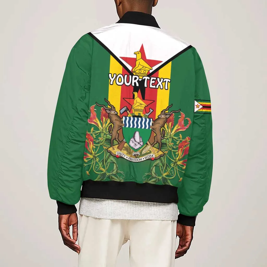 Personalised Zimbabwe Independence Day Sleeve Zip Bomber Jacket Coat Of Arms Fire Lilies LT15