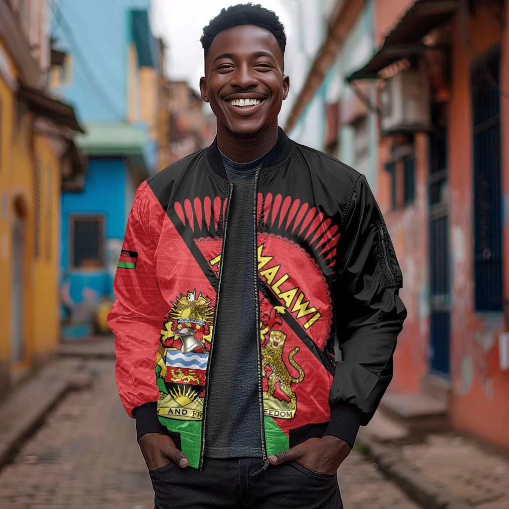 Personalized Afro Malawi Sleeve Zip Bomber Jacket Coat Of Arms - Southeastern Africa Pattern LT15
