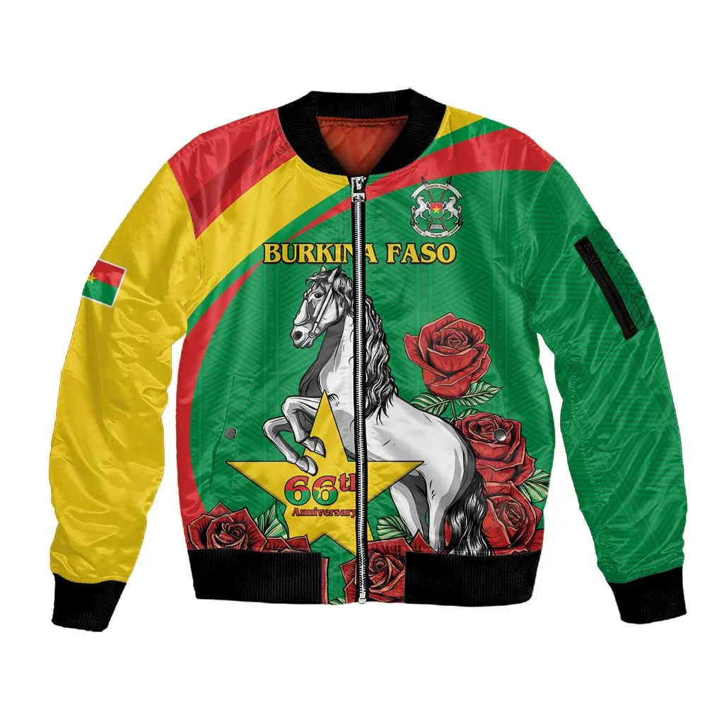 Personalized Burkina Faso Sleeve Zip Bomber Jacket White Stallion With Red Rose - Republic Day LT15