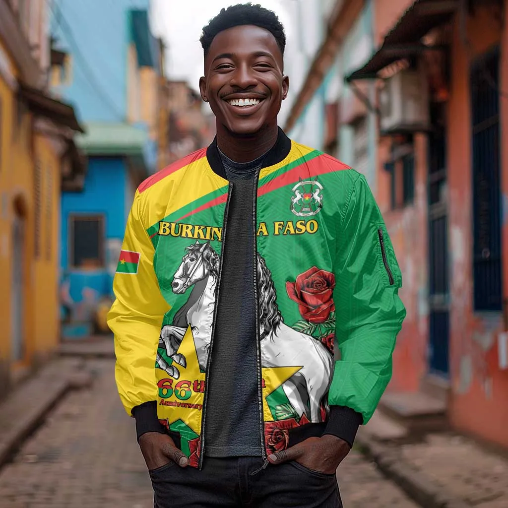 Personalized Burkina Faso Sleeve Zip Bomber Jacket White Stallion With Red Rose - Republic Day LT15