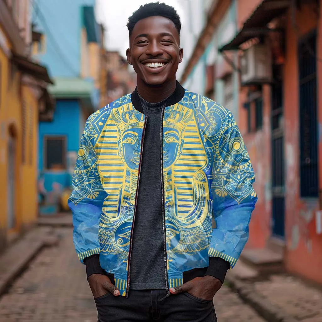 Personalized Egyptian Pharaoh Bomber Jacket with Mandala and Eye of Horus in Blue DT02