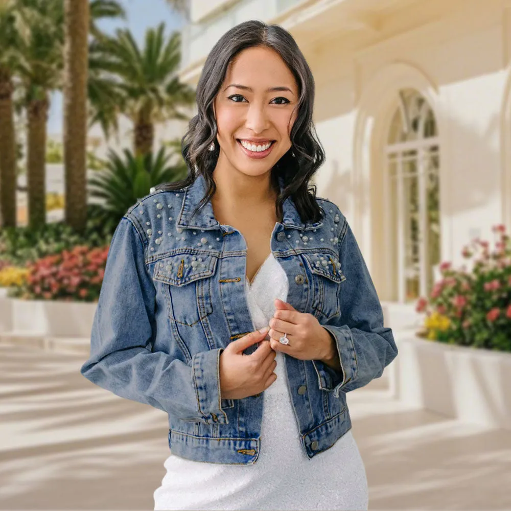 Personalized Funny Jean Jacket with Pearl Custom Face Denim Jacket Gift for Women